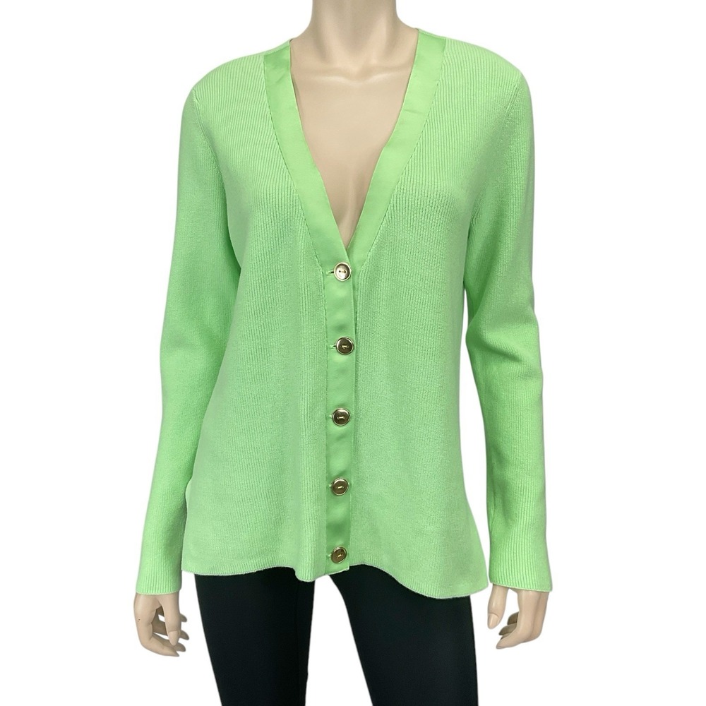 Talbots Cardigan Women Medium Green‎ Long Sleeve Button V-Neck Rib NWT Rtl $99